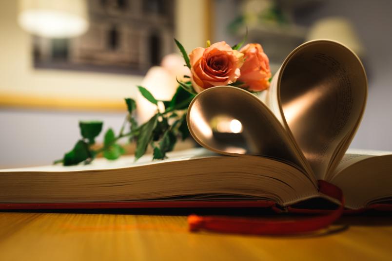 Zwei Rosen und ein Buch, dessen Seiten ein Herz bilden