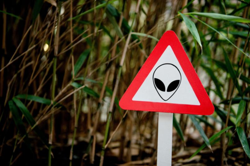 Warnschild mit einem Alien-Kopf