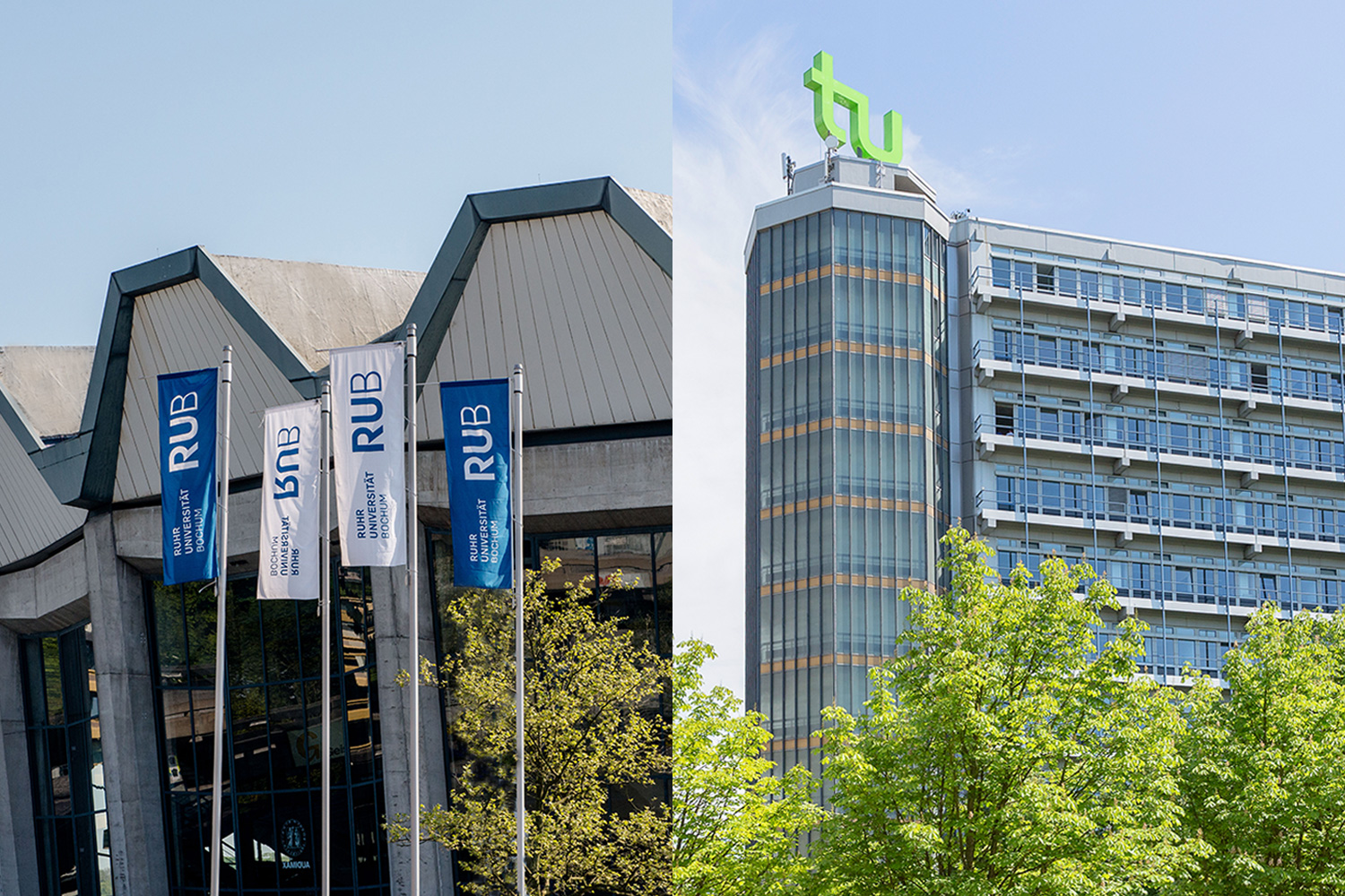 Collage aus Audimax der RUB und Mathetower der TU Dortmund