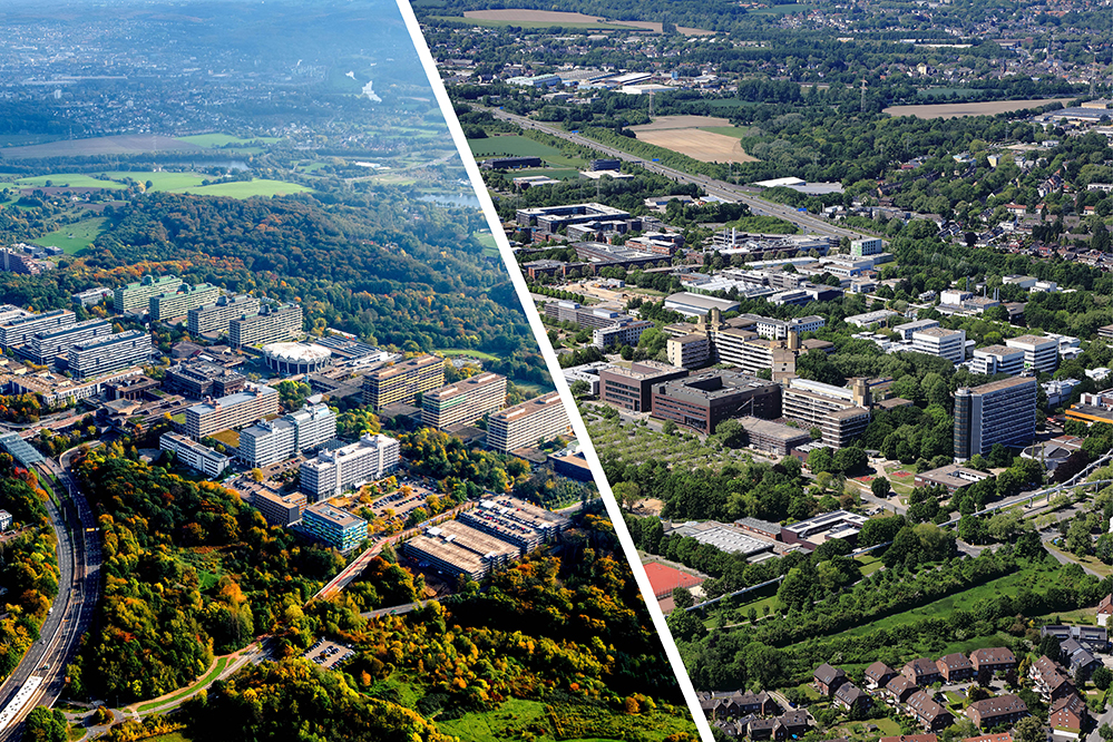 Collage zweier Luftbilder vom Campus Bochum und Campus Dortmund