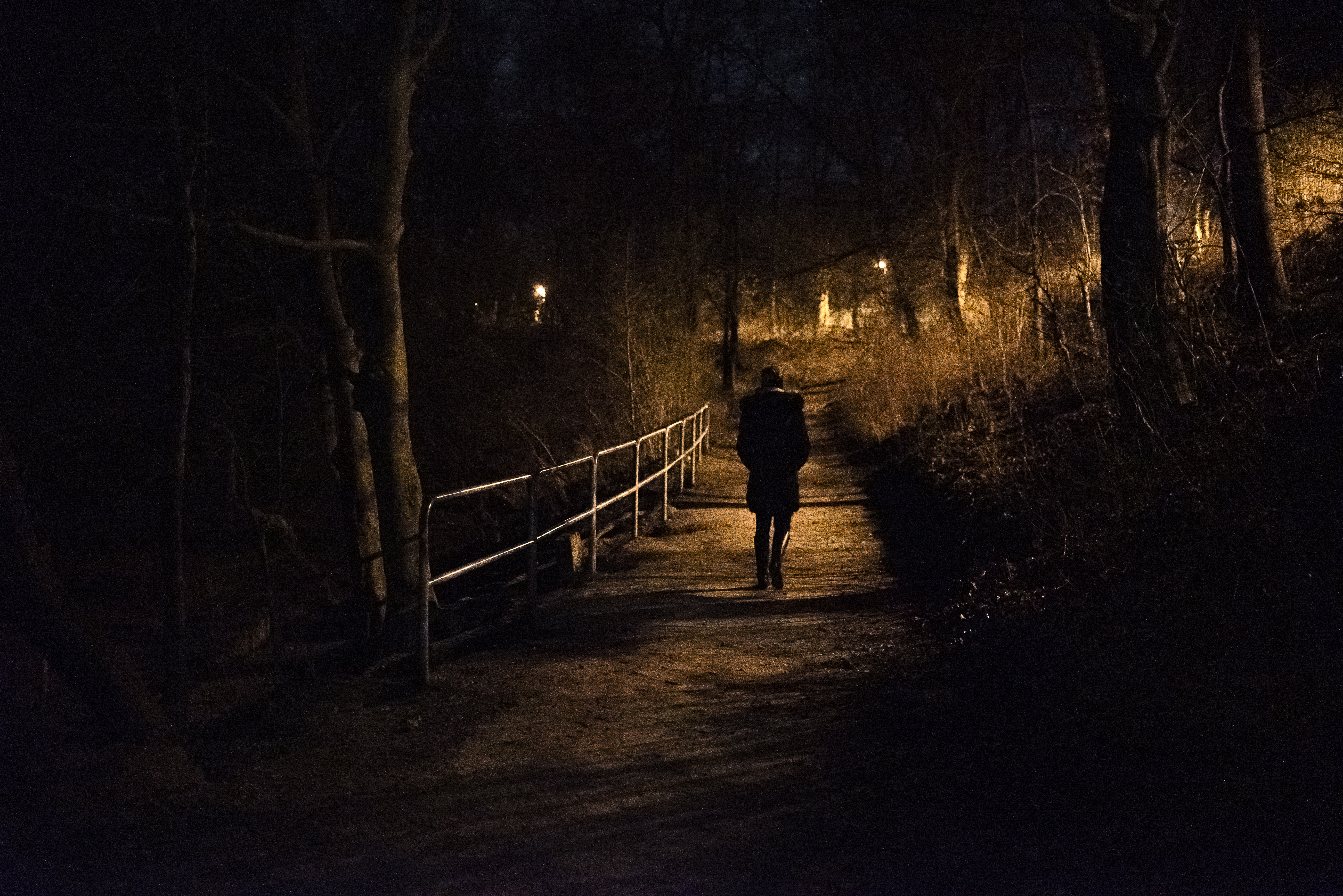 Frau im dunklen Park