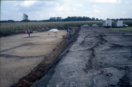 Eine archäologische Grabung am Rande eines Maisfelds