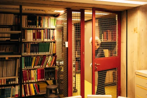 Hinter einer Gittertür sieht man Buchregale.