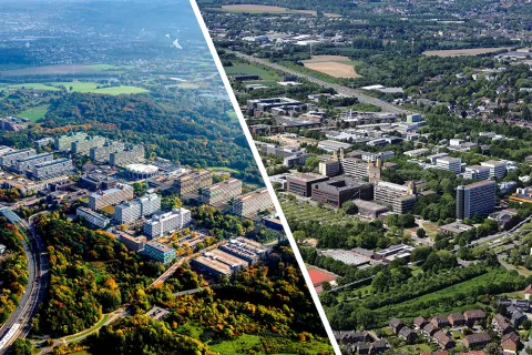 Collage zweier Luftbilder vom Campus Bochum und Campus Dortmund