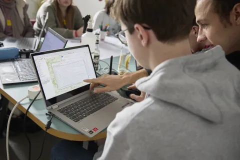 Zwei junge Männer schauen auf einen Laptopbildschirm