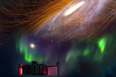 Ein Forschungslabor im Schnee mit Polarlichtern und einer Galaxie darüber