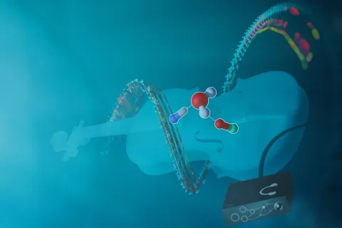 Darstellung eines Streichinstruments mit Molekülen in Wasser