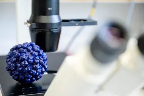 Blauer Viruspartikel neben einem Mikroskop