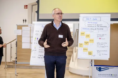 Ein Mann steht gestikulierend vor einem Flipchart