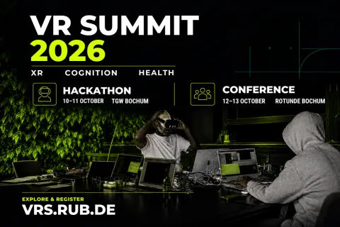 Schwarzgrundiges Plakat mit zwei Menschen im Kapuzenpullis und VR-Brillen