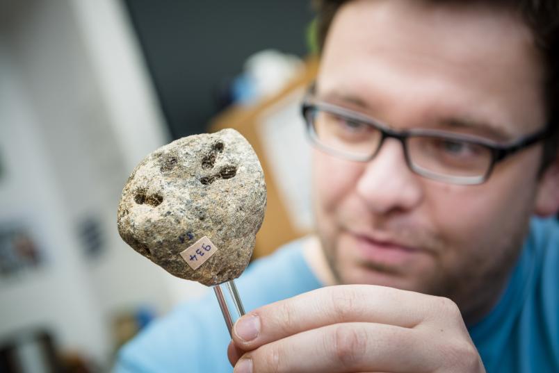 René Hoffmann betrachtet ein Fossil.