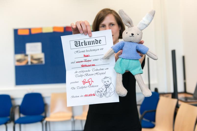 Eine Urkunde und ein Plüschhase mit einem Verband am Ohr.