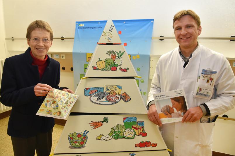 Mathilde Kersting und Thomas Lücke stehen neben einer großen Ernährungspyramide.