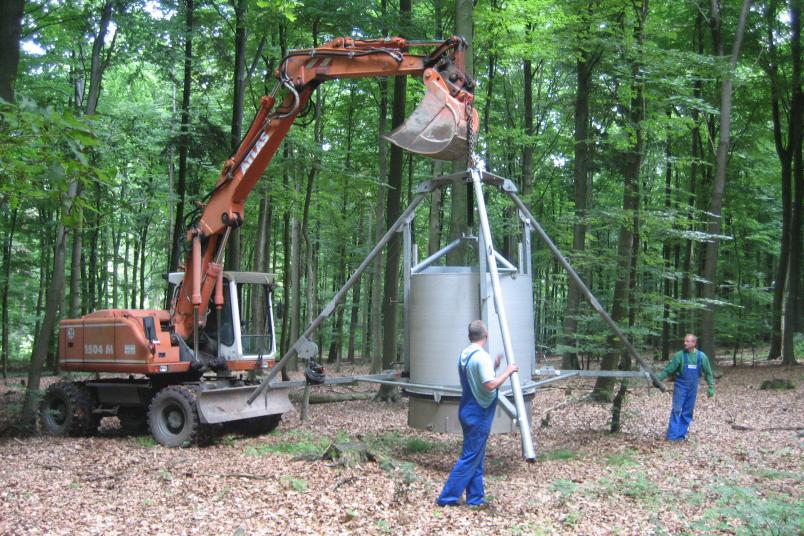 Ein Bagger bringt ein Bohrwerkzeug in den Wald