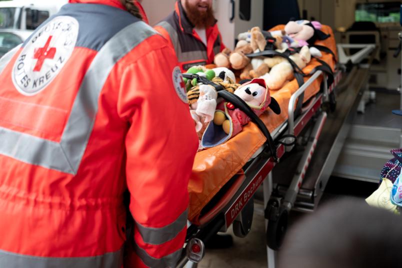 Kuscheltiere auf Rettungsliege