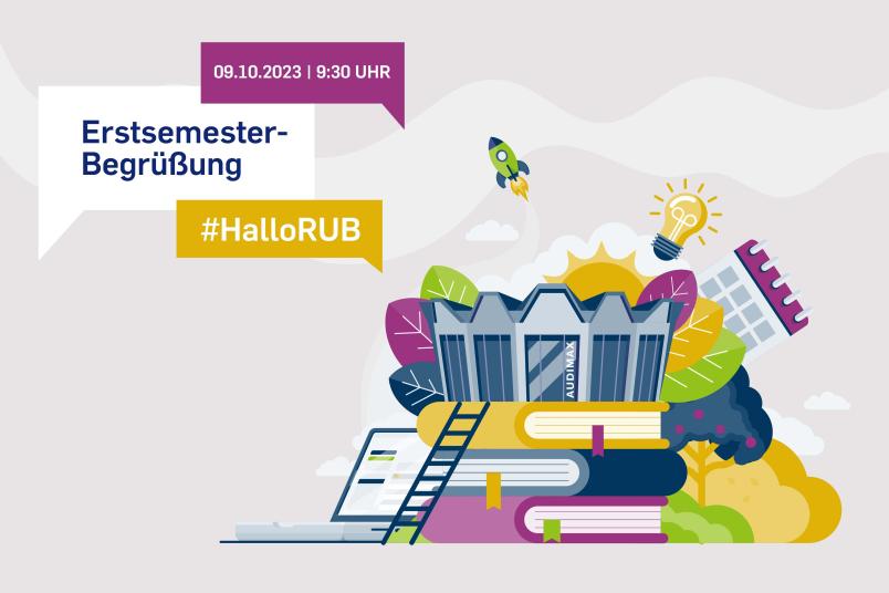 Grafik mit Elementen zur Erstsemesterbegrüßung am 9. Oktober 2023
