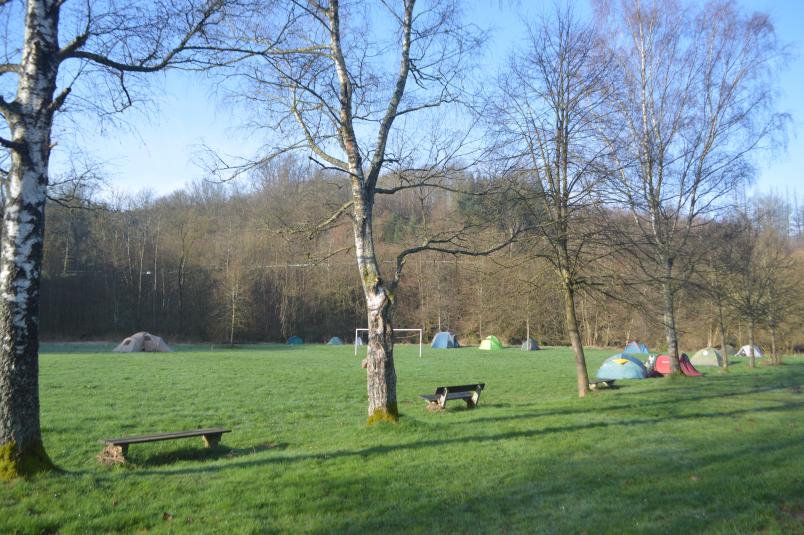 Zeltplatz auf einer grünen Wiese