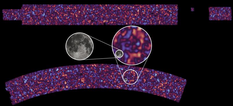 Drei bunte Flächen mit buntem Muster auf schwarzem Hintergrund. In der Mitte der Vollmond.