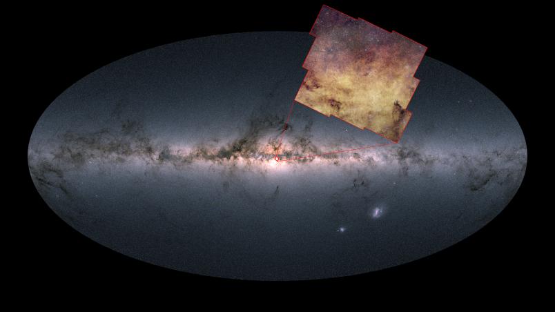 Ein Querformatbild zeigt eine ovale, kartengleiche Ansicht vor einem schwarzen Hintergrund. Durch die Mitte des Ovals verläuft ein helles, schmales Band, gefüllt mit unzähligen winzigen Lichtpunkten. Ein rechteckiger Ausschnitt ist über das Hauptbild gelegt und zeigt eine Nahaufnahme von dicht gepackten Sternen in Gelb-, Gold- und dunkleren Tönen.