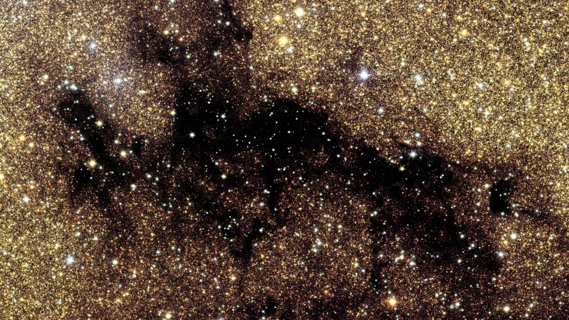 Ein dichtes Feld winziger, eng beieinander liegender Lichtpunkte füllt das Bild. Der größte Teil des Hintergrunds ist hellgelb und goldfarben. Ein breiter, unregelmäßiger dunkler Streifen verläuft diagonal durch die Mitte und bildet verbundene schwarze und dunkelbraune Flecken. Hellere Cluster aus blassen gelben und weißen Punkten erscheinen oberhalb und unterhalb dieses dunklen Streifens, mit einigen leicht bläulichen Punkten, die darüber verstreut sind.