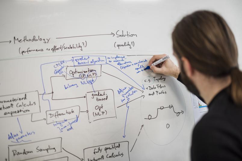 Steffen Bondorf schreibt etwas auf ein Whiteboard
