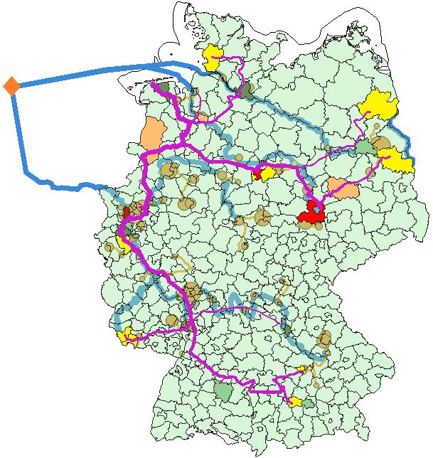 Deutschlandkarte mit potenziellen Gas-Pipelines und Industriestandorten