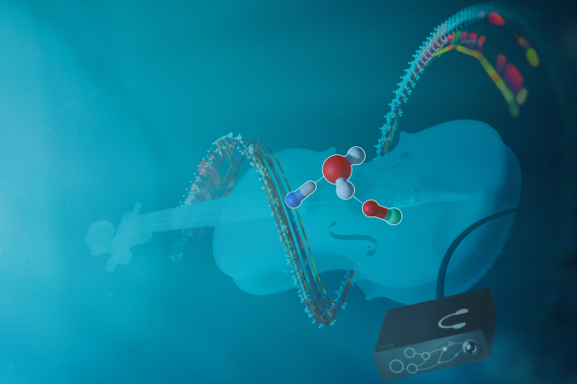 Darstellung eines Streichinstruments mit Molekülen in Wasser