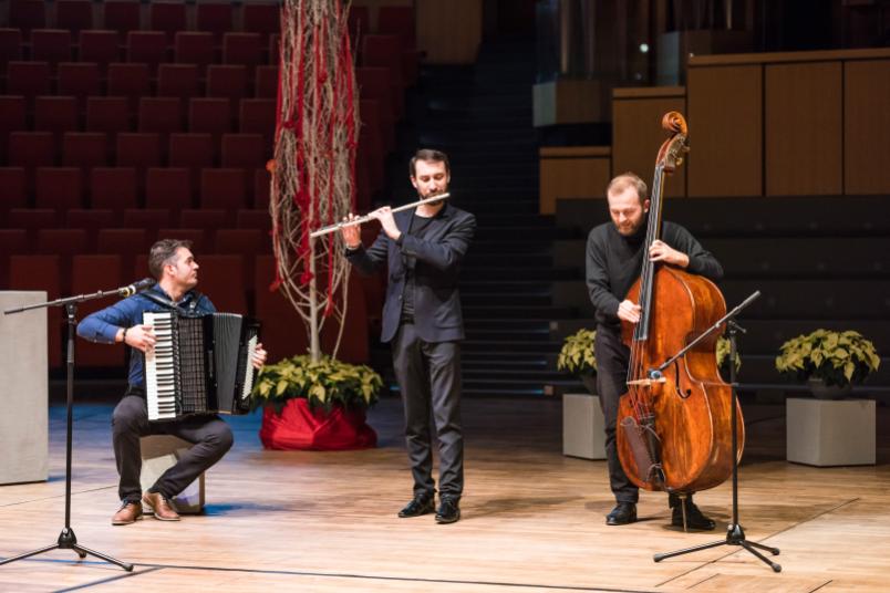 3 Musiker: Akkordeon, Querflöte, Kontrabass