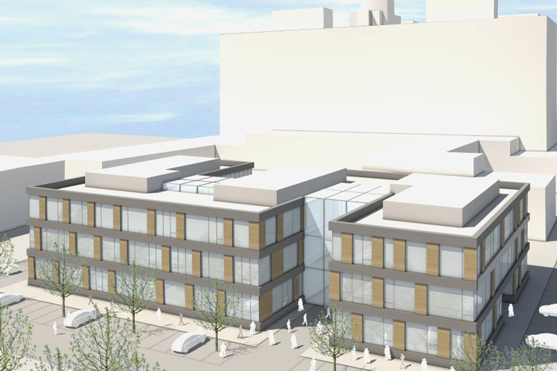 Entwurf des Forschungsbaus Zemos im Osten des Campus. Im Hintergrund ist das Gebäude ND zu sehen.