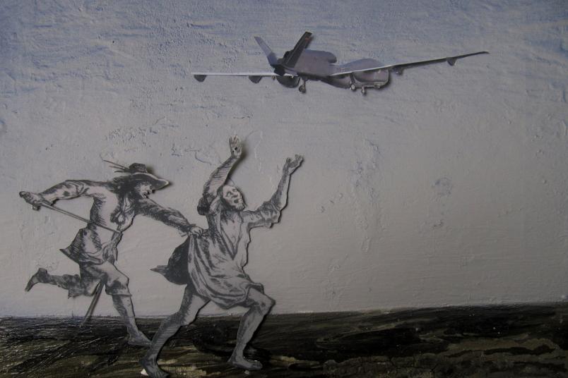Glasklarer Gegensatz: Menschen aus dem Mittelalter treffen auf ein modernes Flugzeug.