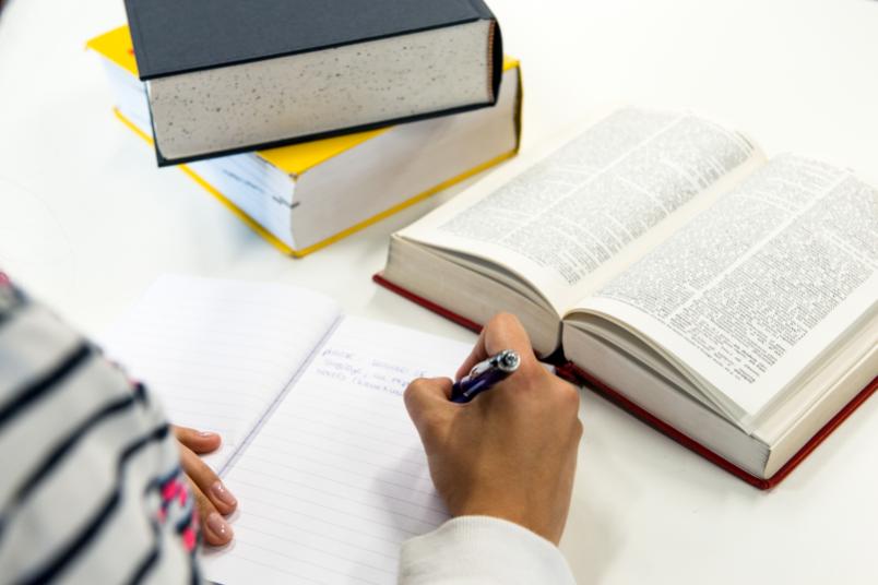 Studentin schreibt einen Text ab. Vor ihr liegen Bücher. 