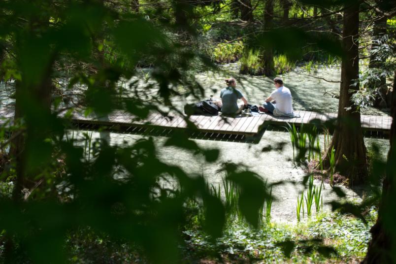 Steg in einem Teich auf dem zwei junge Männer sitzen.