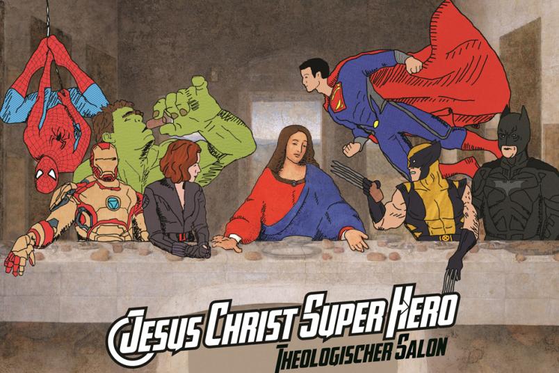 Illustration in Anlehnung an die klassische Darstellung des Abendmahls: Jesus umringt von Comic-Superhelden