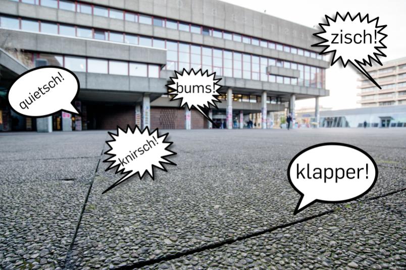 Geräuscheblasen erscheinen auf dem Platz vor der Unibibliothek aus allen Ecken.