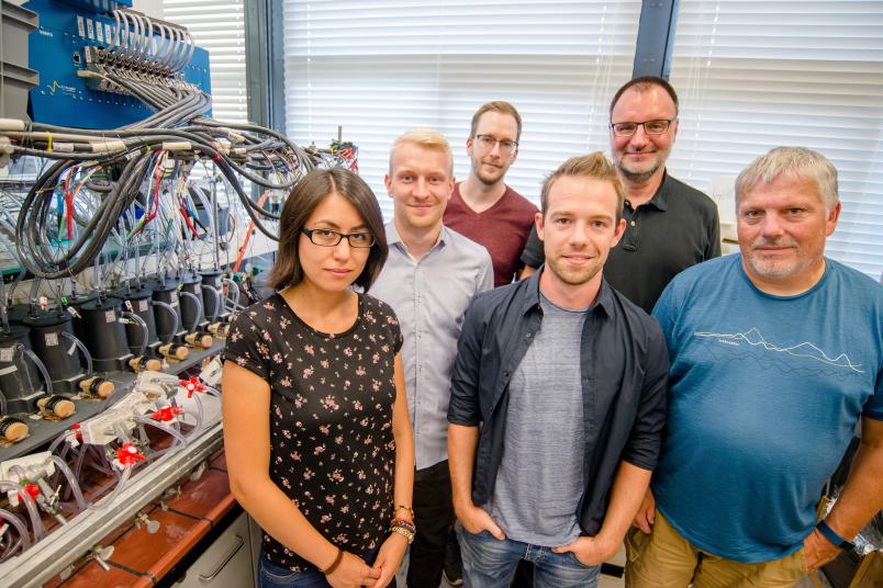 Dulce Morales, Steffen Cychy, Stefan Barwe, Dennis Hiltrop, Martin Muhler und Wolfgang Schuhmann im Labor
