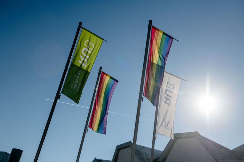 Vier Flaggen vor strahlend blauem Himmel. Zwei der Flaggen sind in Regenbogenfarben gestreift. Im Hintergrund ist ein Stück des Audimax zu sehen.