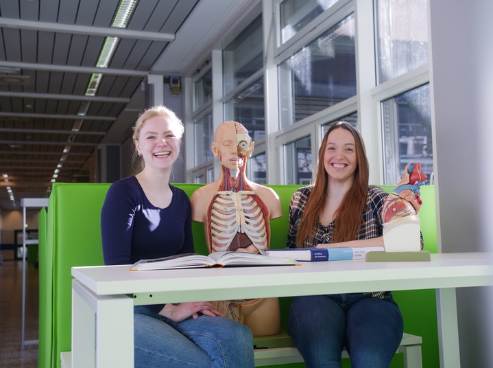 Zwei Studierende mit einem Skelett 