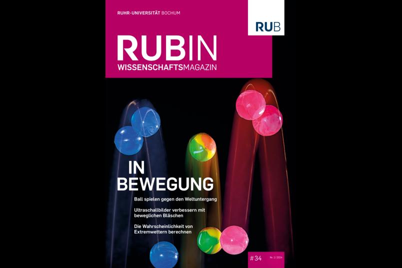 Cover des Wissenschaftsmagazins Rubin mit einem Foto hüpfender bunter Flummis