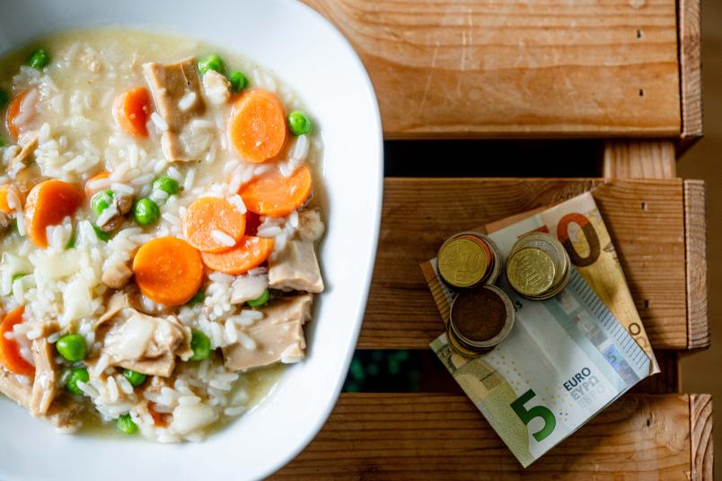 Ein Teller Essen und ein Stapel Geld