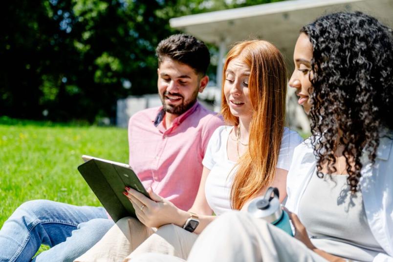 Studierende sitzen auf einer Wiese