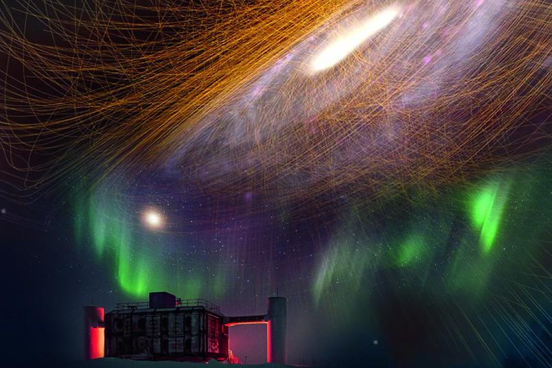 Ein Forschungslabor im Schnee mit Polarlichtern und einer Galaxie darüber