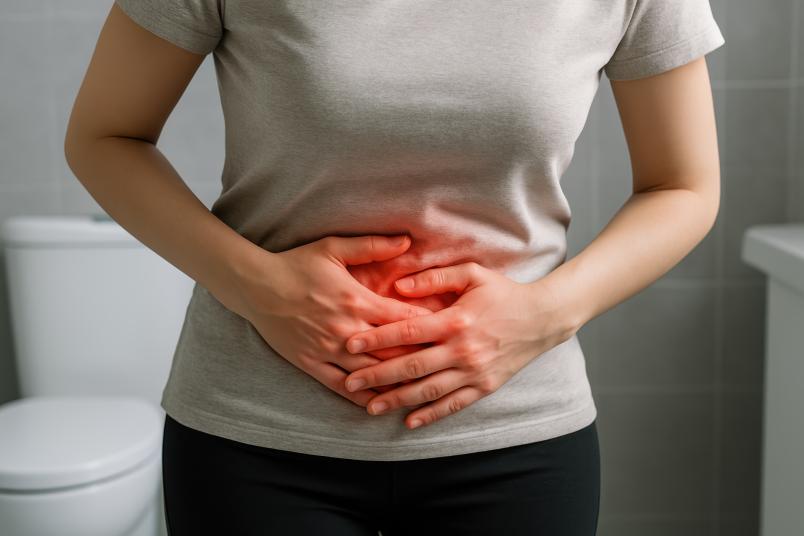 Eine Person hält sich den Bauch, der rötlich leuchtet