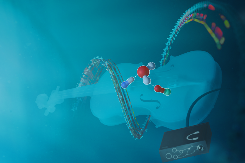 Darstellung eines Streichinstruments mit Molekülen in Wasser