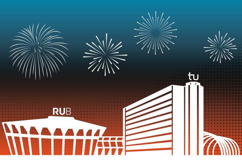 Illustration des Audimax der Ruhr-Universität Bochum und des Mathetowers der TU Dortmund vor einem strahlenden Himmel