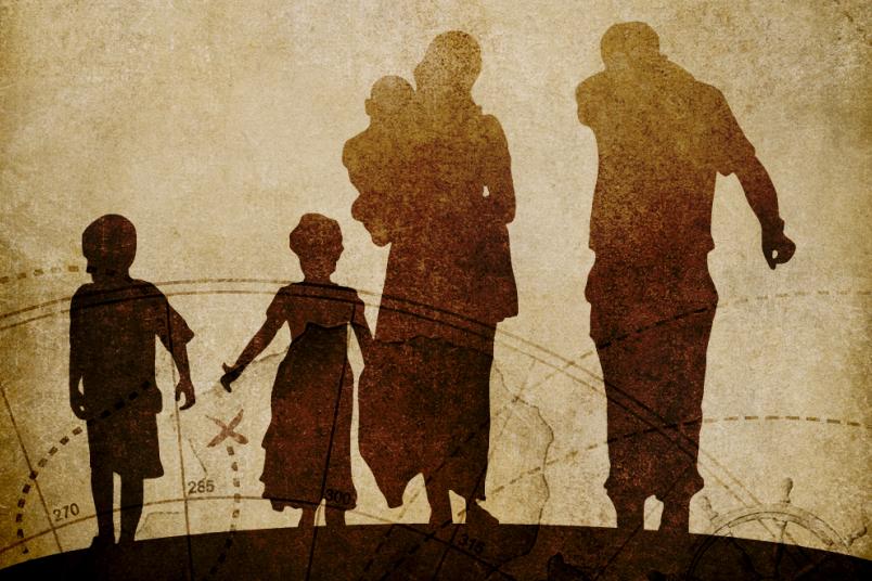 Schattenumriss einer flüchtenden Familie.