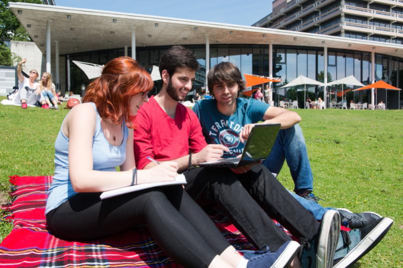 Drei Studierende sitzen auf einer Wiese und blicken auf einen Laptop.