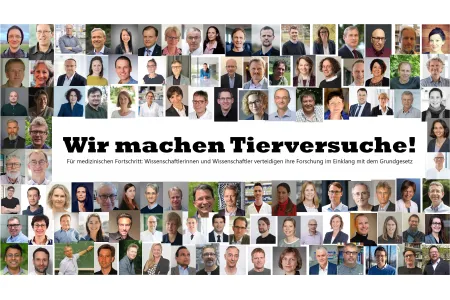 Collage von 110 Personenfotos mit dem Text "Wir machen Tierversuche!" in der Mitte