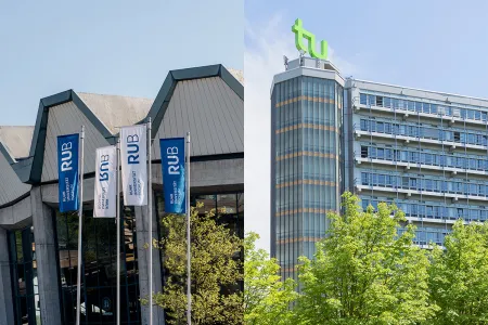Collage aus Audimax der RUB und Mathetower der TU Dortmund
