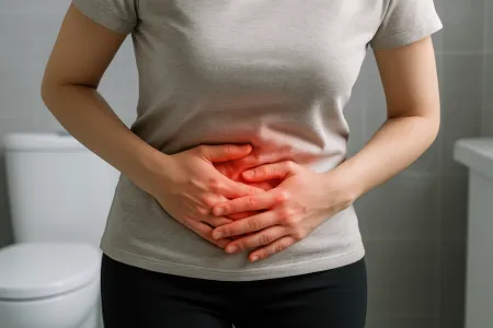 Eine Person hält sich den Bauch, der rötlich leuchtet